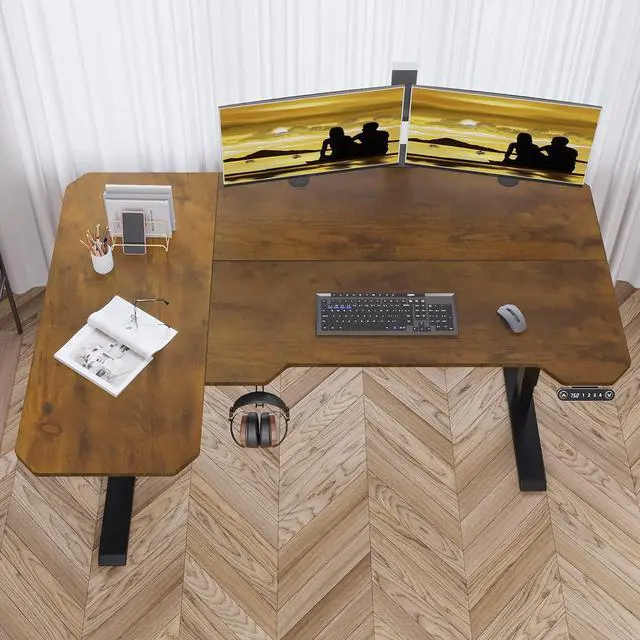 Alt view image 4 of 7 - Adjustable Height L-Shaped 59 Inch Electric Standing Desk - Sit Stand Computer Desk with 3 Splice Board, Lockable Casters, Stand Up Desk Table for Home Office, Black Frame and Rustic Brown Top