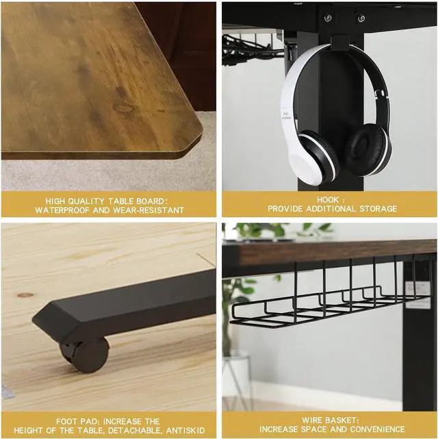 Alt view image 7 of 7 - Adjustable Height L-Shaped 59 Inch Electric Standing Desk - Sit Stand Computer Desk with 3 Splice Board, Lockable Casters, Stand Up Desk Table for Home Office, Black Frame and Rustic Brown Top