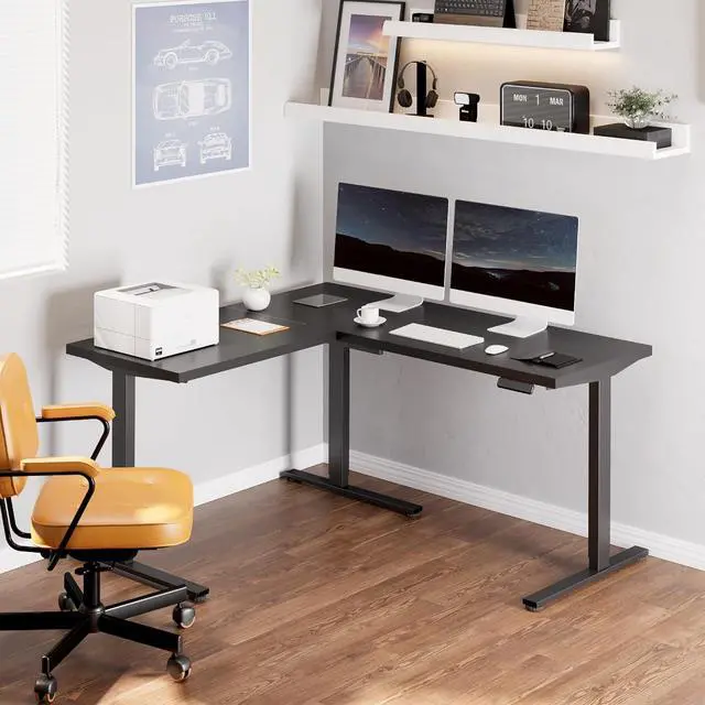 Alt view image 2 of 7 - L Shaped Standing Desk, 63 x 55 Inch Electric Height Adjustable Corner Desk, Sit Stand Computer Workstation, Preset Controller, Home Office, Black Frame with Black Top