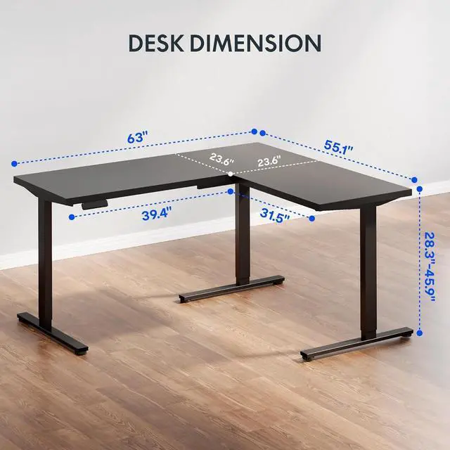 Alt view image 3 of 7 - L Shaped Standing Desk, 63 x 55 Inch Electric Height Adjustable Corner Desk, Sit Stand Computer Workstation, Preset Controller, Home Office, Black Frame with Black Top