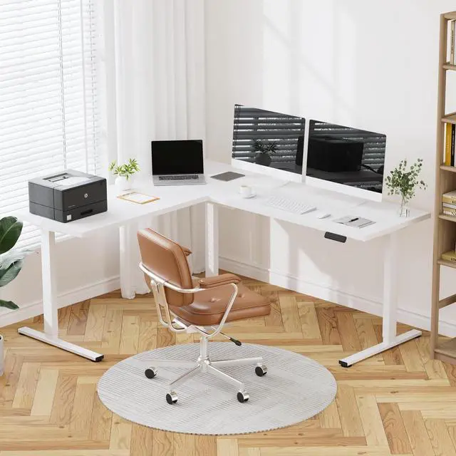 Alt view image 2 of 7 - L Shaped Standing Desk Adjustable Height, Electric Corner Standing Desk, 71 x 63 inch Sit Stand Computer Table with Splice Board, White
