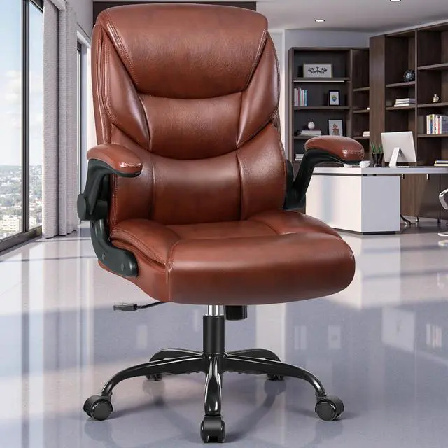 Alt view image 2 of 7 - Leather Office Chair, Small PU Ergonomic Desk Chairs, Comfy Computer Chair with Wheels and Flip-up Armrests, Adjustable Height Mid Back Executive Office Chairs for Short People - Brown