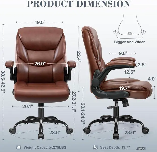 Alt view image 3 of 7 - Leather Office Chair, Small PU Ergonomic Desk Chairs, Comfy Computer Chair with Wheels and Flip-up Armrests, Adjustable Height Mid Back Executive Office Chairs for Short People - Brown