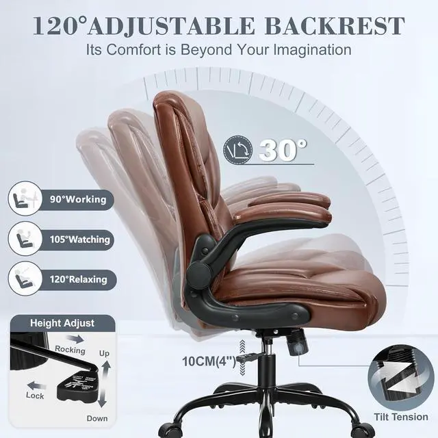 Alt view image 4 of 7 - Leather Office Chair, Small PU Ergonomic Desk Chairs, Comfy Computer Chair with Wheels and Flip-up Armrests, Adjustable Height Mid Back Executive Office Chairs for Short People - Brown