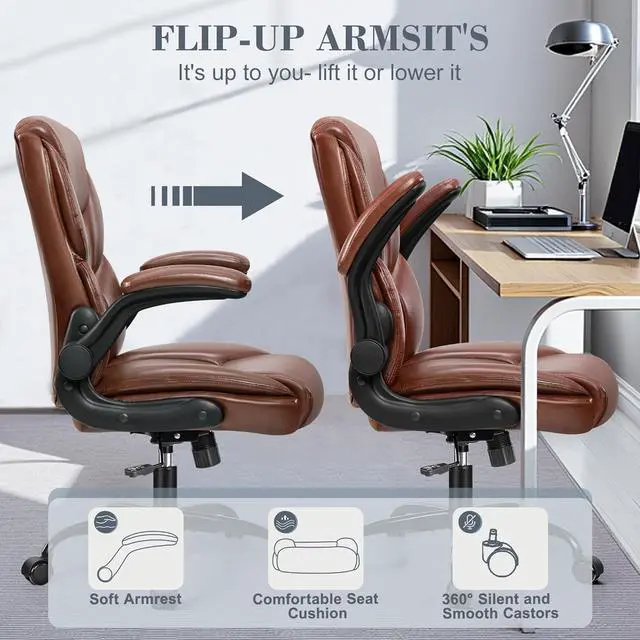 Alt view image 5 of 7 - Leather Office Chair, Small PU Ergonomic Desk Chairs, Comfy Computer Chair with Wheels and Flip-up Armrests, Adjustable Height Mid Back Executive Office Chairs for Short People - Brown