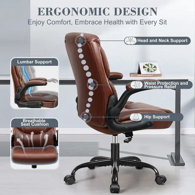 Alt view image 6 of 7 - Leather Office Chair, Small PU Ergonomic Desk Chairs, Comfy Computer Chair with Wheels and Flip-up Armrests, Adjustable Height Mid Back Executive Office Chairs for Short People - Brown