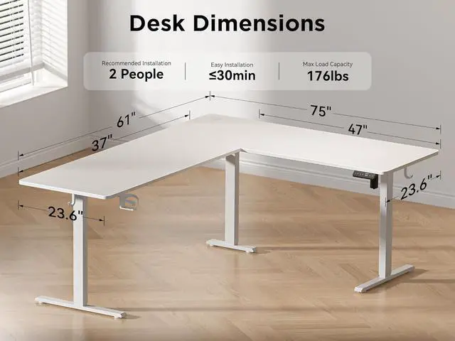 Alt view image 3 of 7 - 75x61 Inches Reversible L Shaped Standing Desk Height Adjustable with Cup Holder, Electric Corner Computer Workstation for Home Office, Ergonomic Sit Stand up Gaming Desk, White