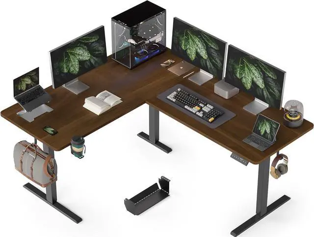 Main image of 63X55 Inches Reversible L Shaped Standing Desk Height Adjustable with Cup Holder, Electric Corner Computer Desk, Sit Stand up Home Office Desk, Ergonomic Gaming Desk, Black Walnut