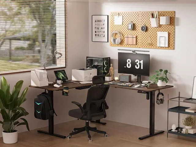 Alt view image 2 of 7 - 63X55 Inches Reversible L Shaped Standing Desk Height Adjustable with Cup Holder, Electric Corner Computer Desk, Sit Stand up Home Office Desk, Ergonomic Gaming Desk, Black Walnut