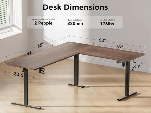 Alt view image 3 of 7 - 63X55 Inches Reversible L Shaped Standing Desk Height Adjustable with Cup Holder, Electric Corner Computer Desk, Sit Stand up Home Office Desk, Ergonomic Gaming Desk, Black Walnut