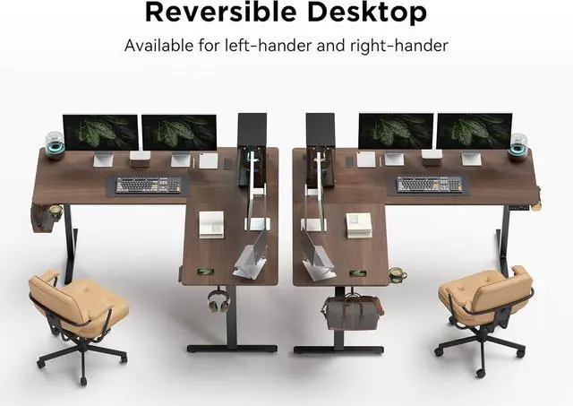 Alt view image 4 of 7 - 63X55 Inches Reversible L Shaped Standing Desk Height Adjustable with Cup Holder, Electric Corner Computer Desk, Sit Stand up Home Office Desk, Ergonomic Gaming Desk, Black Walnut