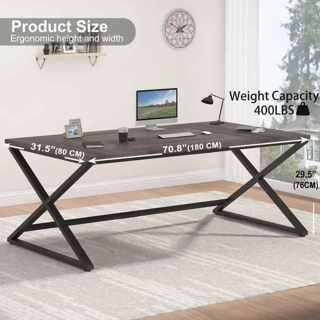 Alt view image 2 of 7 - 70 Inch Large Desk, Long Computer Desk for Writing Study, Industrial Home Office Work Executive Desk for Bedroom, Wood Metal Pc Gaming Workstation Computer Table for 2 Monitors, Dark Gray Oak