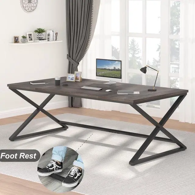 Alt view image 3 of 7 - 70 Inch Large Desk, Long Computer Desk for Writing Study, Industrial Home Office Work Executive Desk for Bedroom, Wood Metal Pc Gaming Workstation Computer Table for 2 Monitors, Dark Gray Oak