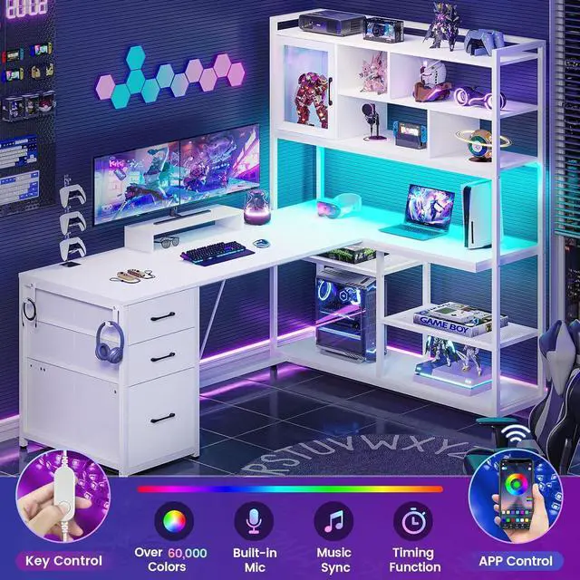 Alt view image 4 of 7 - L Shaped Computer Desk, 58'' Office Desk with 3 Drawers and Bookshelf, L Shaped Corner Desk with Storage Shelves and LED Light for Home Office, Gaming Desk, L Desk, White