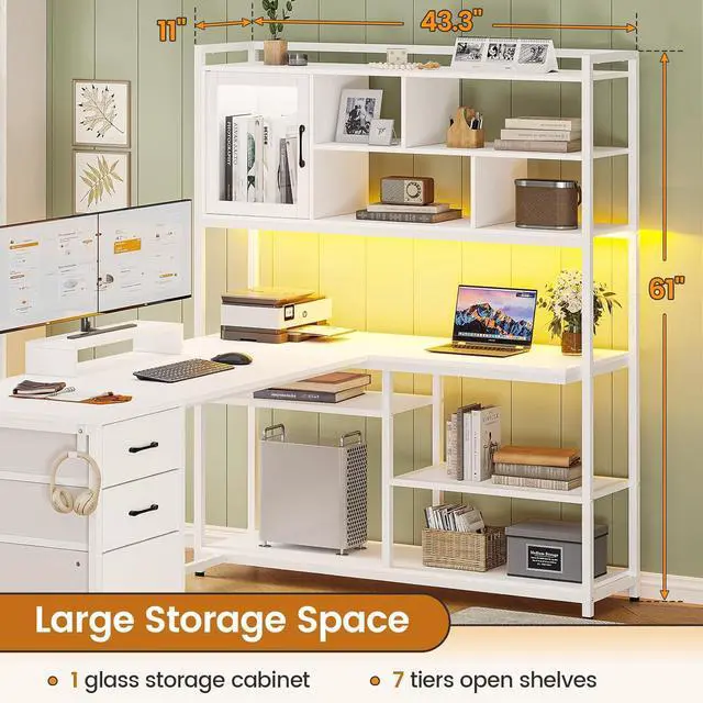 Alt view image 2 of 7 - L Shaped Computer Desk, 58'' Office Desk with 3 Drawers and Bookshelf, L Shaped Corner Desk with Storage Shelves and LED Light for Home Office, Gaming Desk, L Desk, White
