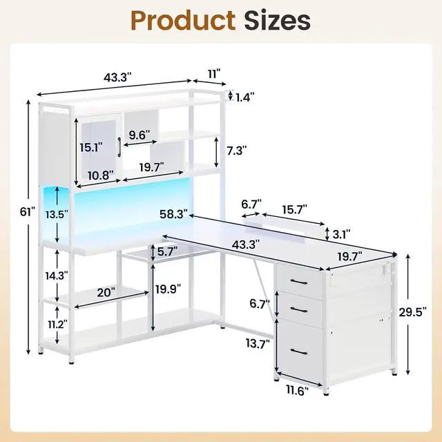 Alt view image 6 of 7 - L Shaped Computer Desk, 58'' Office Desk with 3 Drawers and Bookshelf, L Shaped Corner Desk with Storage Shelves and LED Light for Home Office, Gaming Desk, L Desk, White