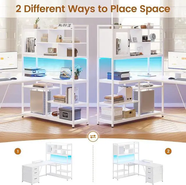 Alt view image 5 of 7 - L Shaped Computer Desk, 58'' Office Desk with 3 Drawers and Bookshelf, L Shaped Corner Desk with Storage Shelves and LED Light for Home Office, Gaming Desk, L Desk, White