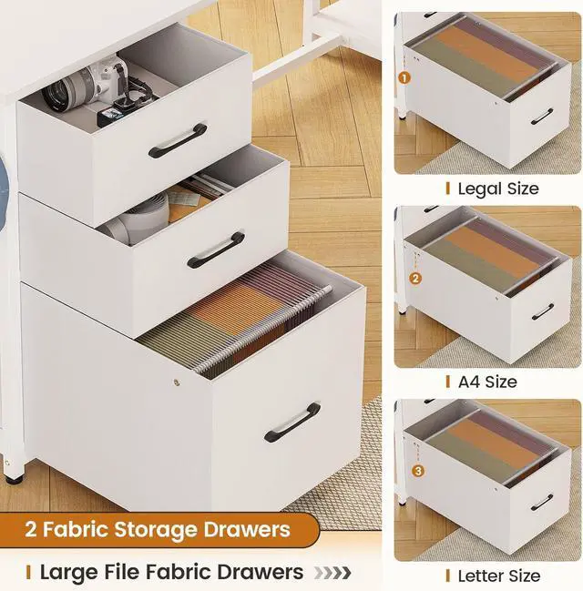 Alt view image 3 of 7 - L Shaped Computer Desk, 58'' Office Desk with 3 Drawers and Bookshelf, L Shaped Corner Desk with Storage Shelves and LED Light for Home Office, Gaming Desk, L Desk, White