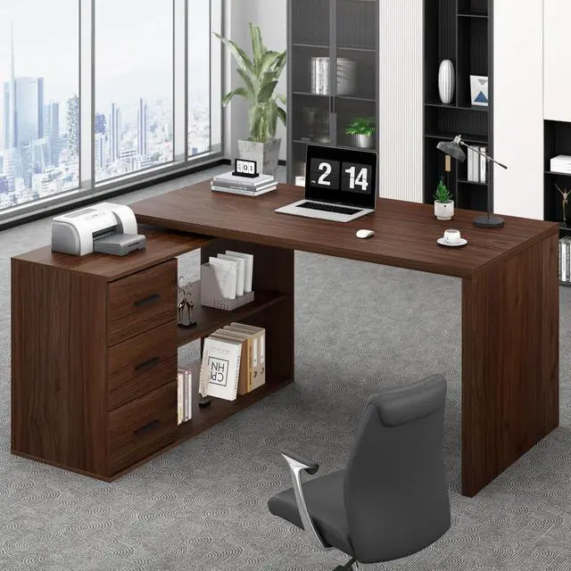 Main image of Walnut Home Office Desk L Shaped with Drawers, Reversible Wood Computer Desk Table for Executive Work Writing Study Gaming, Rustic Corner L Desk with Storage Cabinet Shelves for Bedroom, 55 Inch