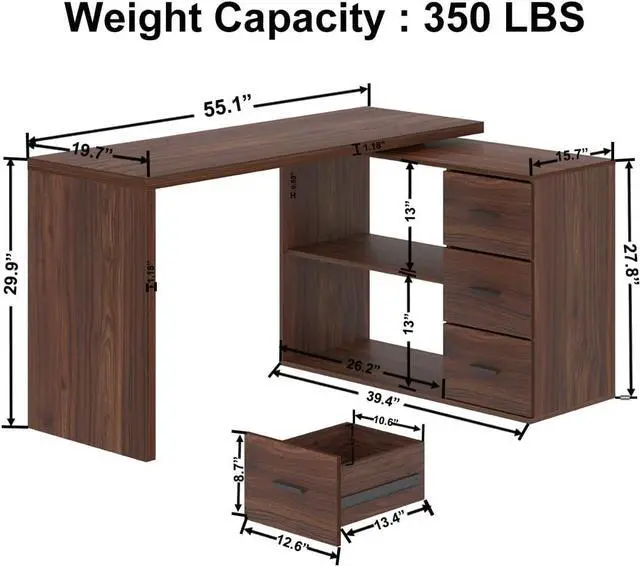 Alt view image 2 of 7 - Walnut Home Office Desk L Shaped with Drawers, Reversible Wood Computer Desk Table for Executive Work Writing Study Gaming, Rustic Corner L Desk with Storage Cabinet Shelves for Bedroom, 55 Inch