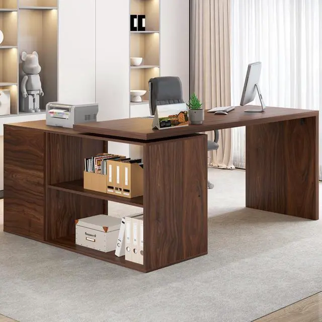 Alt view image 3 of 7 - Walnut Home Office Desk L Shaped with Drawers, Reversible Wood Computer Desk Table for Executive Work Writing Study Gaming, Rustic Corner L Desk with Storage Cabinet Shelves for Bedroom, 55 Inch