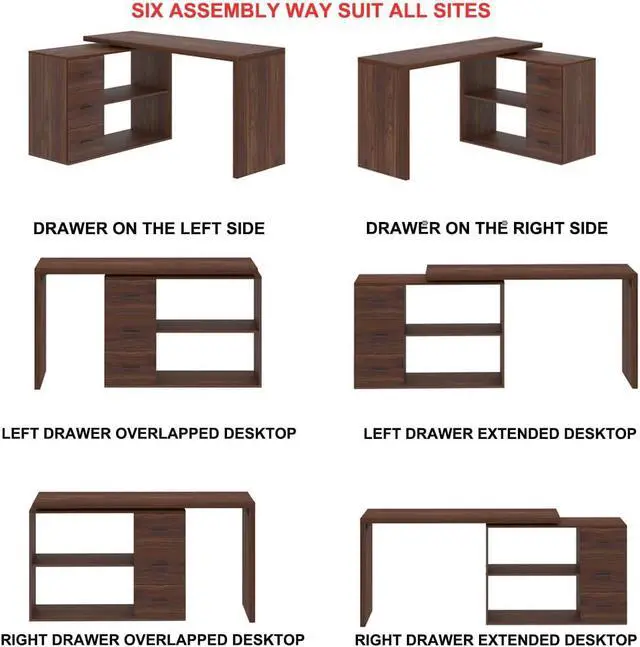 Alt view image 4 of 7 - Walnut Home Office Desk L Shaped with Drawers, Reversible Wood Computer Desk Table for Executive Work Writing Study Gaming, Rustic Corner L Desk with Storage Cabinet Shelves for Bedroom, 55 Inch