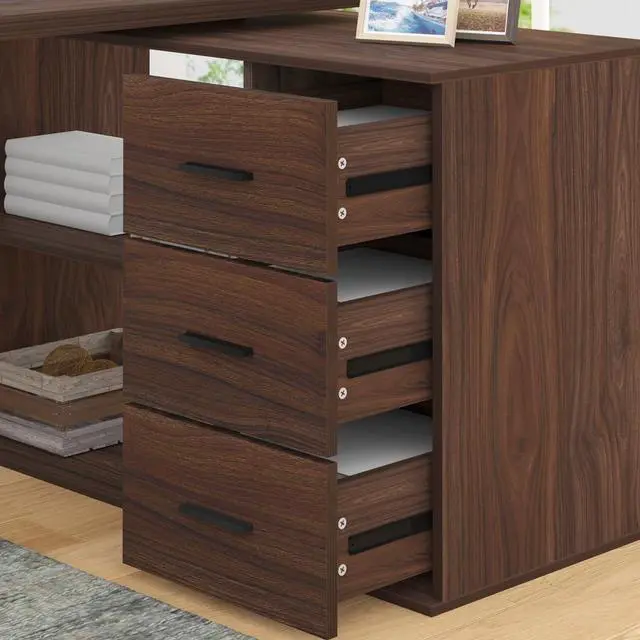 Alt view image 6 of 7 - Walnut Home Office Desk L Shaped with Drawers, Reversible Wood Computer Desk Table for Executive Work Writing Study Gaming, Rustic Corner L Desk with Storage Cabinet Shelves for Bedroom, 55 Inch