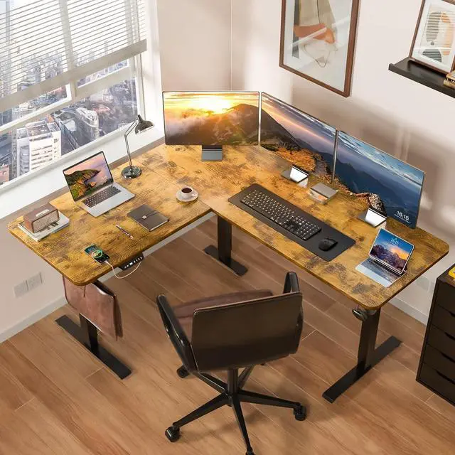 Alt view image 2 of 7 - Upgrade Version 63 * 55 inch L Shaped Electric Adjustable Height Standing Desk, Corner Stand Up Sit Computer Table for Gaming Office by DT