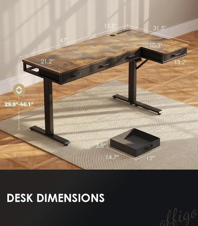Alt view image 3 of 7 - 63 Inch L Shaped Electric Standing Desk with Drawers, Height Adjustable Large Desk with Power Outlets, Sit Stand Table, Writing Computer Desk for Home, Office, Workstation, Rustic Brown