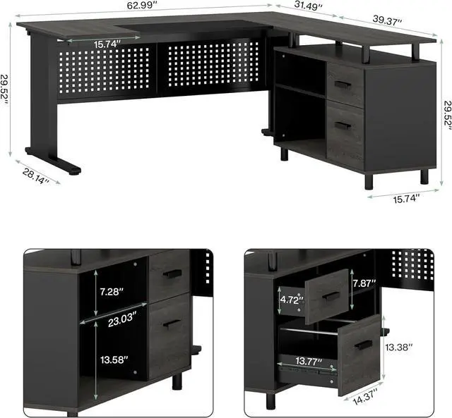 Alt view image 2 of 7 - 63 Inch Executive Desk with File Cabinet, Large Office Desk L Shaped Computer Desk with Drawers and Storage Shelves, Business Furniture Desk Workstation for Home Office, Gray and Black