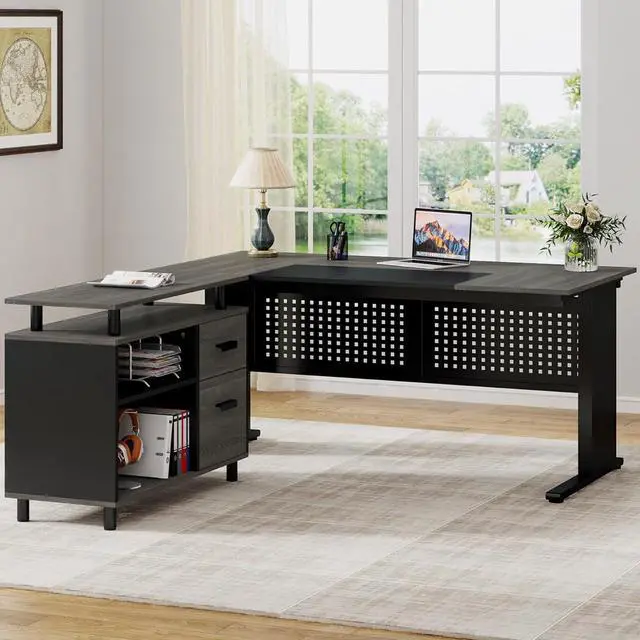 Alt view image 5 of 7 - 63 Inch Executive Desk with File Cabinet, Large Office Desk L Shaped Computer Desk with Drawers and Storage Shelves, Business Furniture Desk Workstation for Home Office, Gray and Black