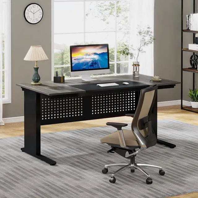 Alt view image 7 of 7 - 63 Inch Executive Desk with File Cabinet, Large Office Desk L Shaped Computer Desk with Drawers and Storage Shelves, Business Furniture Desk Workstation for Home Office, Gray and Black