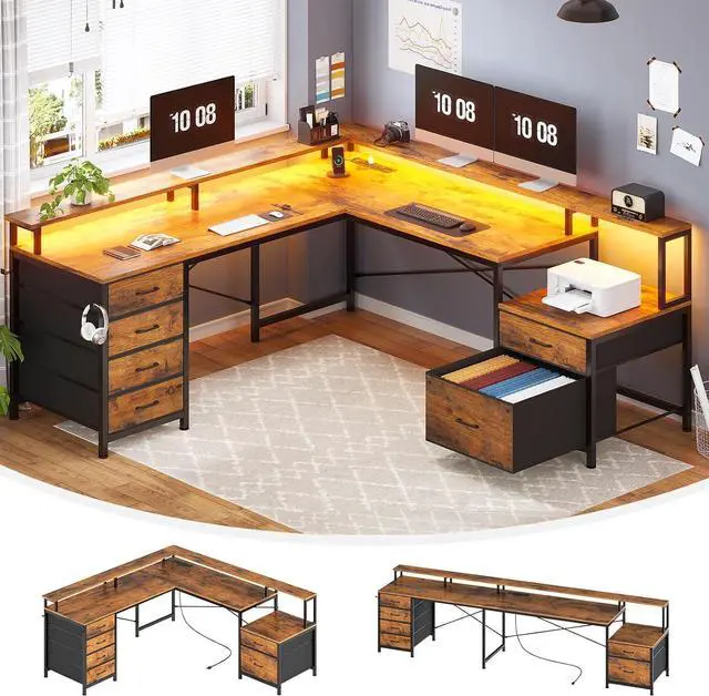 Main image of L Shaped Desk with 6 Drawer, 108" Home Office Desk with File Drawer & Power Outlet, Corner Computer Desk with Monitor Shelf, Two Person Desk, Gaming Desk with Led Lights, Rustic Brown