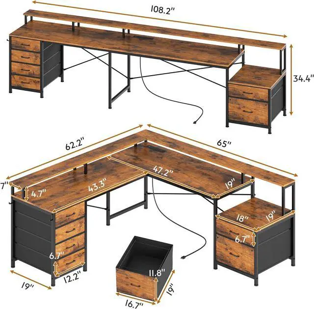 Alt view image 3 of 7 - L Shaped Desk with 6 Drawer, 108" Home Office Desk with File Drawer & Power Outlet, Corner Computer Desk with Monitor Shelf, Two Person Desk, Gaming Desk with Led Lights, Rustic Brown