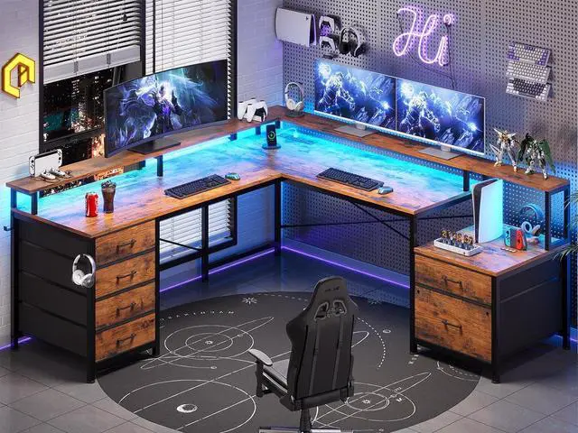 Alt view image 2 of 7 - L Shaped Desk with 6 Drawer, 108" Home Office Desk with File Drawer & Power Outlet, Corner Computer Desk with Monitor Shelf, Two Person Desk, Gaming Desk with Led Lights, Rustic Brown