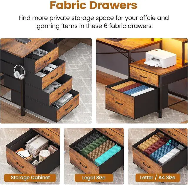 Alt view image 5 of 7 - L Shaped Desk with 6 Drawer, 108" Home Office Desk with File Drawer & Power Outlet, Corner Computer Desk with Monitor Shelf, Two Person Desk, Gaming Desk with Led Lights, Rustic Brown