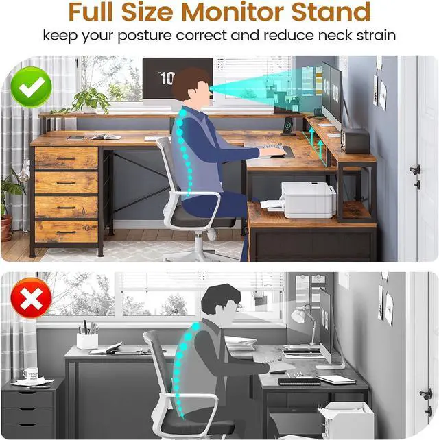 Alt view image 7 of 7 - L Shaped Desk with 6 Drawer, 108" Home Office Desk with File Drawer & Power Outlet, Corner Computer Desk with Monitor Shelf, Two Person Desk, Gaming Desk with Led Lights, Rustic Brown