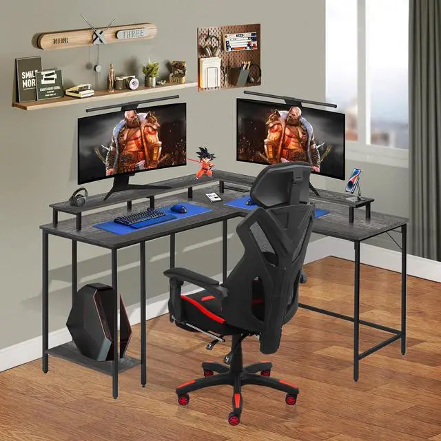 Alt view image 2 of 7 - L Shaped Computer Desk with LED Lights and Power Outlet, Reversible Corner Office Desk with Monitor Stand, L Shaped Gaming Desk for Home Office Bedroom (Grey)