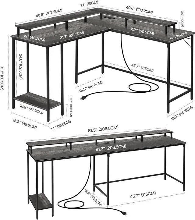 Alt view image 3 of 7 - L Shaped Computer Desk with LED Lights and Power Outlet, Reversible Corner Office Desk with Monitor Stand, L Shaped Gaming Desk for Home Office Bedroom (Grey)
