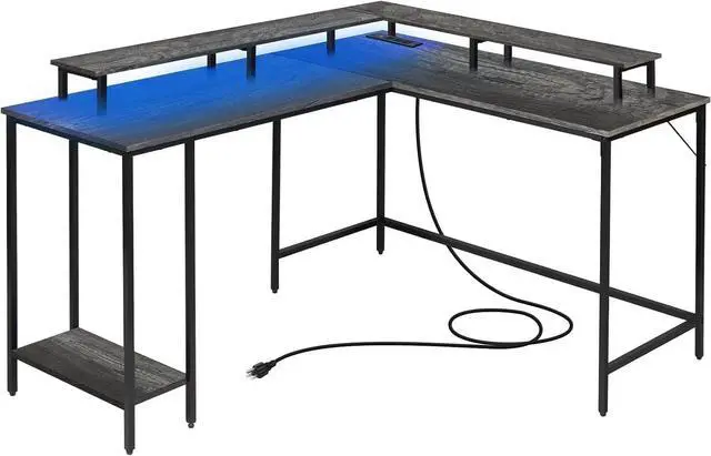 Alt view image 4 of 7 - L Shaped Computer Desk with LED Lights and Power Outlet, Reversible Corner Office Desk with Monitor Stand, L Shaped Gaming Desk for Home Office Bedroom (Grey)