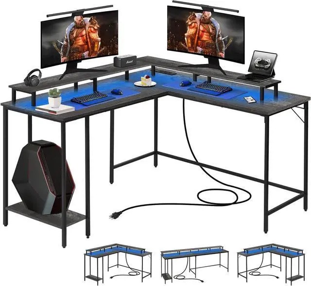 Alt view image 5 of 7 - L Shaped Computer Desk with LED Lights and Power Outlet, Reversible Corner Office Desk with Monitor Stand, L Shaped Gaming Desk for Home Office Bedroom (Grey)