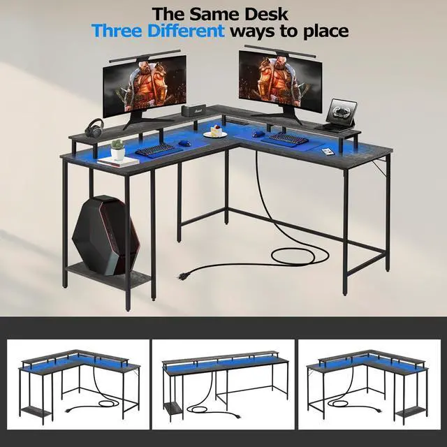 Alt view image 6 of 7 - L Shaped Computer Desk with LED Lights and Power Outlet, Reversible Corner Office Desk with Monitor Stand, L Shaped Gaming Desk for Home Office Bedroom (Grey)