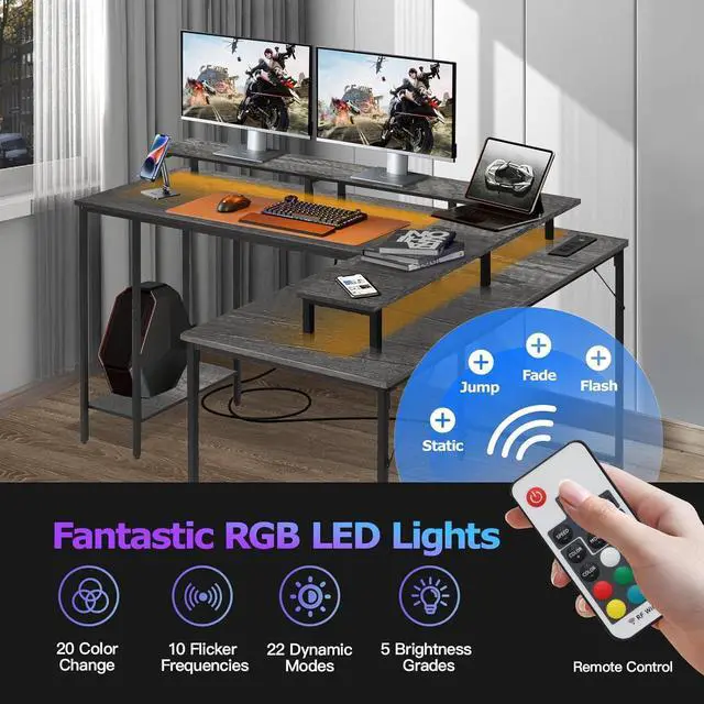 Alt view image 7 of 7 - L Shaped Computer Desk with LED Lights and Power Outlet, Reversible Corner Office Desk with Monitor Stand, L Shaped Gaming Desk for Home Office Bedroom (Grey)