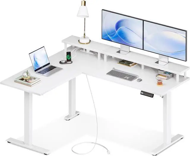 Main image of Electric L-Shaped Standing Desk, 59 Inch Height Adjustable Office Desk with Monitor Stand, Sit-Stand Desk with Power Outlets, Large Lift Table for Home, Office, Workstation, White