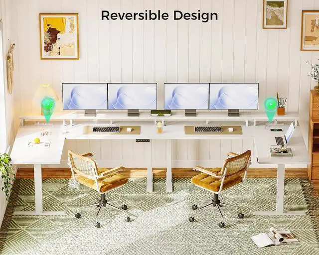 Alt view image 2 of 7 - Electric L-Shaped Standing Desk, 59 Inch Height Adjustable Office Desk with Monitor Stand, Sit-Stand Desk with Power Outlets, Large Lift Table for Home, Office, Workstation, White