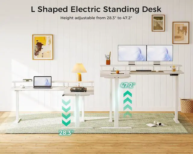 Alt view image 4 of 7 - Electric L-Shaped Standing Desk, 59 Inch Height Adjustable Office Desk with Monitor Stand, Sit-Stand Desk with Power Outlets, Large Lift Table for Home, Office, Workstation, White