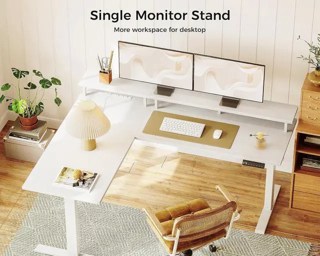 Alt view image 6 of 7 - Electric L-Shaped Standing Desk, 59 Inch Height Adjustable Office Desk with Monitor Stand, Sit-Stand Desk with Power Outlets, Large Lift Table for Home, Office, Workstation, White