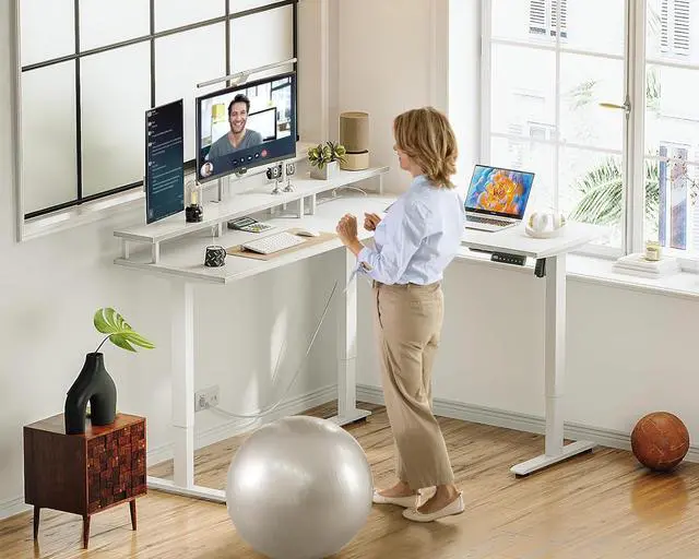 Alt view image 7 of 7 - Electric L-Shaped Standing Desk, 59 Inch Height Adjustable Office Desk with Monitor Stand, Sit-Stand Desk with Power Outlets, Large Lift Table for Home, Office, Workstation, White