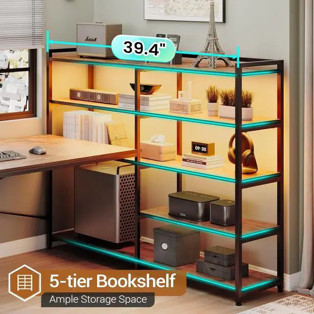 Alt view image 5 of 7 - L Shaped Desk with Storage Shelves, 64.5'' Reversible U Shaped Office Desk with 3 Fabric Drawers, Gaming Desk with Power Outlet & LED Strip, Rustic Brown