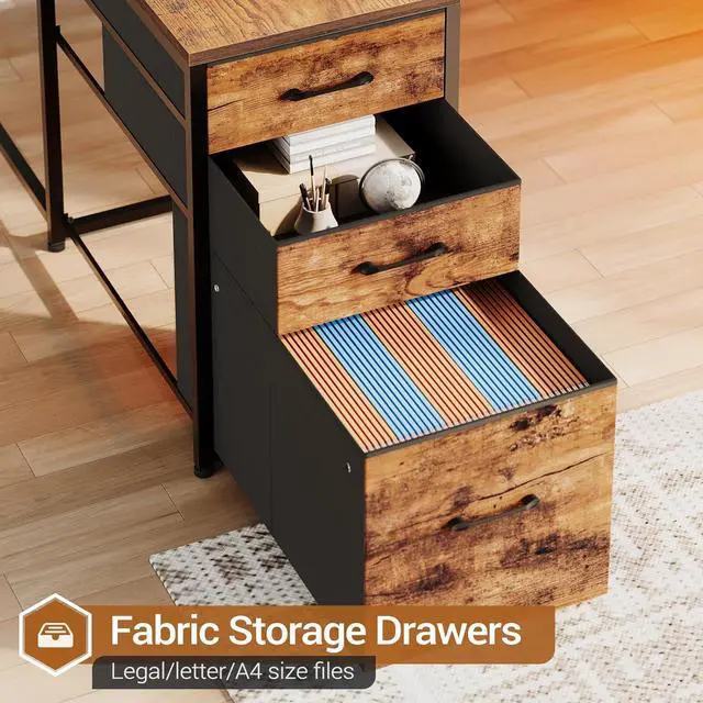 Alt view image 6 of 7 - L Shaped Desk with Storage Shelves, 64.5'' Reversible U Shaped Office Desk with 3 Fabric Drawers, Gaming Desk with Power Outlet & LED Strip, Rustic Brown